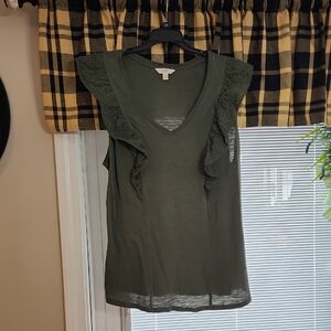 1X Terra & Sky Olive Lace Flutter Sleeve Blouse